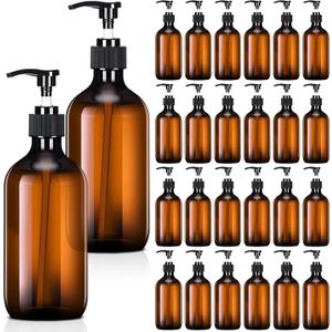 Tessco for you 24 Pcs Amber Soap Dispenser Empty Plastic Pump Bottles Refillable Shampoo Container for Hand Sanitizer Soap Lotion Body Wash Conditioner Bathroom Kitchen Travel, 8.45oz