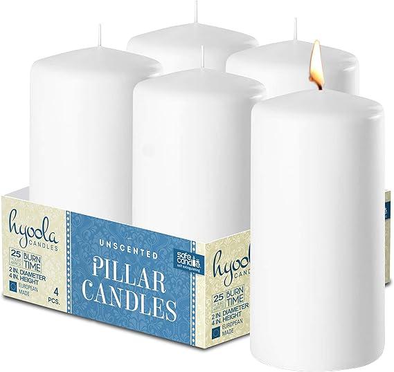 Hyoola White Pillar Candles 2-inch x 4-inch - Unscented Pillar Candles - Set of 4 - European Made