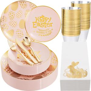 Nervure 175PCS Easter Plastic Plates - Pink Plastic Plates Disposable Include 25 Dinner Plate, 25 Dessert Plate, 25 Cups, 25 Knives, 25 Forks, 25 Spoons, 25 Napkins for Easter Party