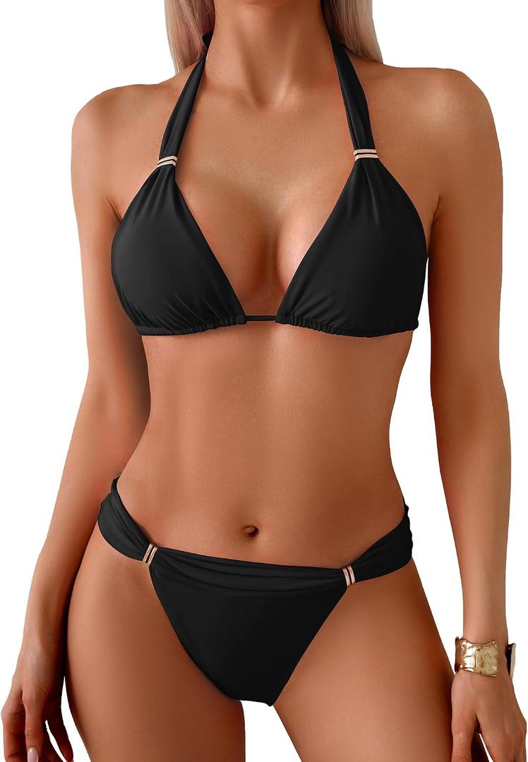 TASHEHE Women's Triangle Ruched Bikini Set Sexy Two Piece Swimsuit Halter Sliding Rings Bathing Suit (Black, L)