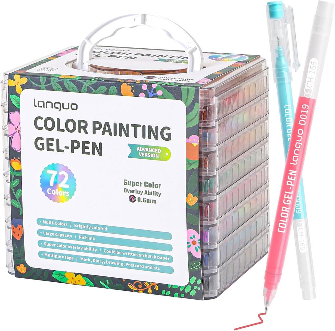 Gel Pens For Coloring, 72 Pack Colored Pens for Black Paper & White Paper, 0.6MM Fine Point Pens for Coloring, Writing, Drawing, Journaling, Note Taking, Office, Home (72PCS-Gift Box-8 stackable layers)