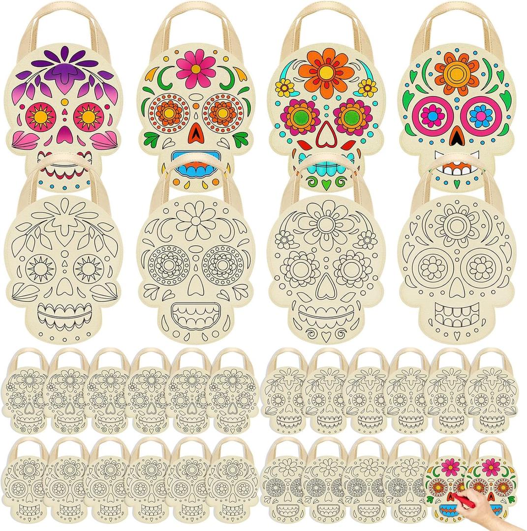 Sunnymove 24 Pcs Day of the Dead Color Your Own Goodie Bag Dia De Los Muertos Coloring Non Woven Sugar Skull Tote Treat Bags for Day of the Dead Party Decorations Mexican Party Favors Halloween Decor