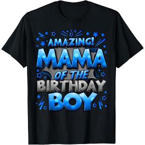 Mama of the Birthday Boy Matching Family Mommy TShirt, L, Black