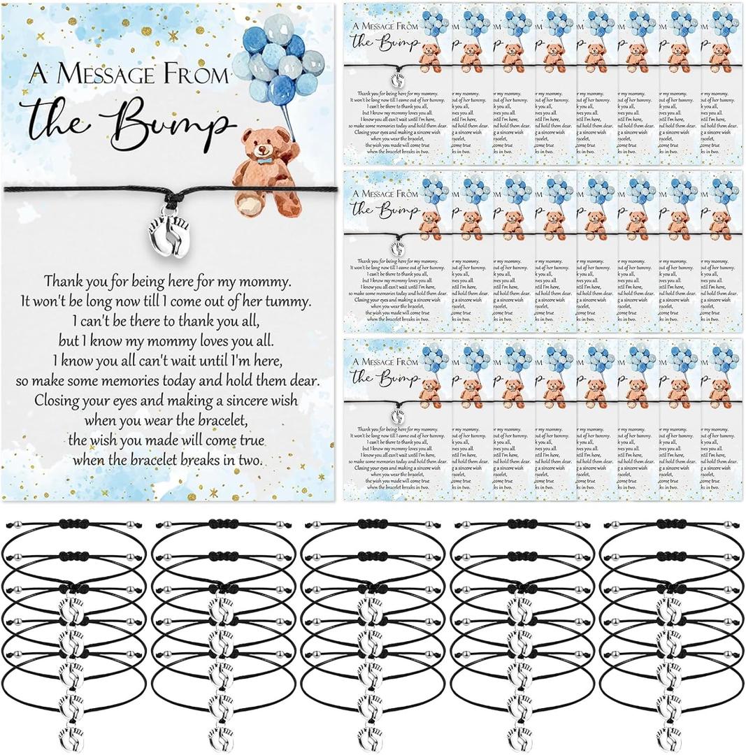 Thyle Baby Shower Favors for Guests Adjustable Bracelets with Message from the Bump Card Footprints Charm Baby Shower Bracelets for Gender Reveal Thank You Gifts(25 Set,Blue Bear)