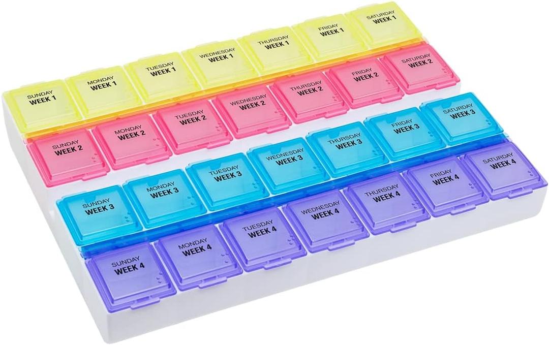 EZY DOSE Monthly (28-Day) Pill Case, Daily Medicine Planner, Vitamin Organizer, Supplement Container, One Month, Large Contoured Compartments, Convenient and Easy to Use, Colored Lids, BPA Free (Yellow/Pink/Blue/Purple)