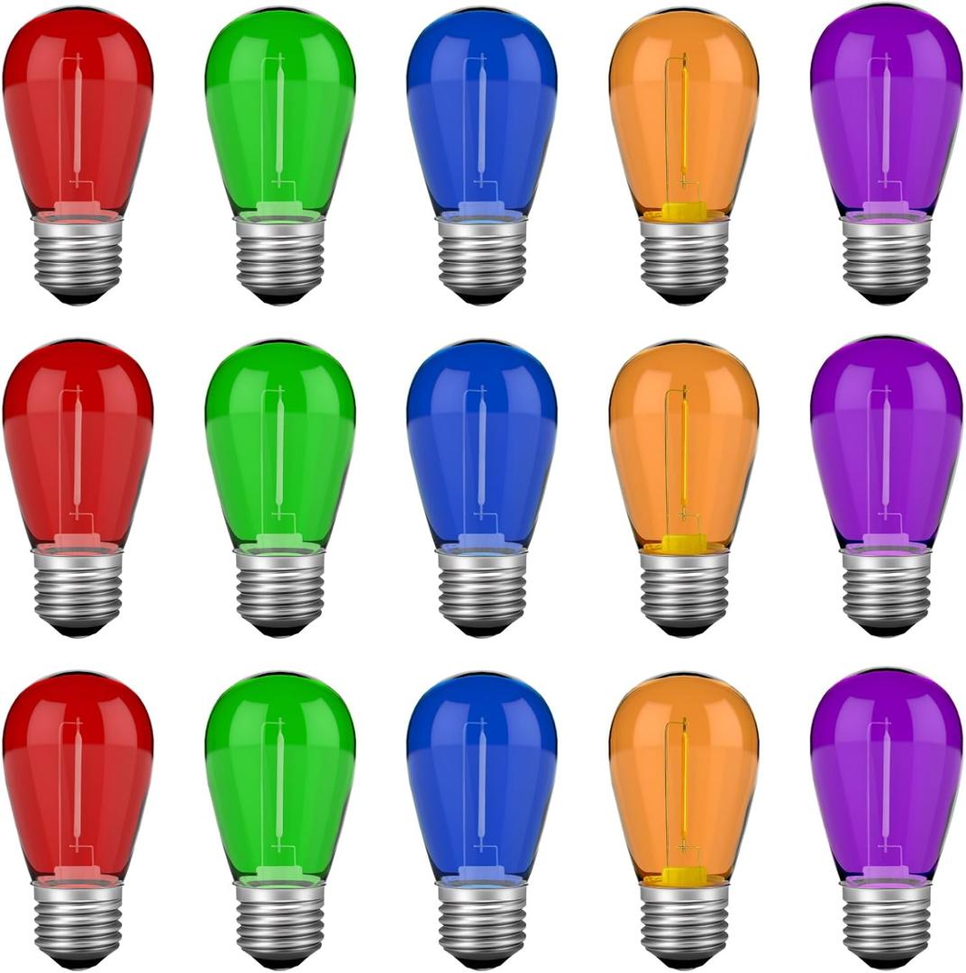 S14 Colored LED String Light Bulbs, 15 Pack 1 Watt Plastic Shatterproof LED Replacement Bulbs for Indoor Outdoor String Light, E26 Medium Base, Multi-Color: Red/Green/Blue/Purple/Orange