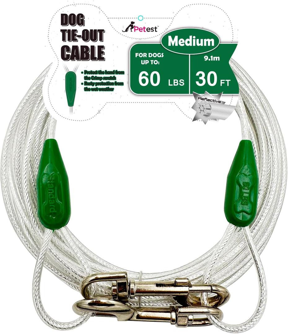 Petest 30ft Reflective Tie-Out Cable for Medium Dogs Up to 60 Pounds (Darkgreen & Silver)