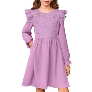 blibean Tween Girls Fall Dresses Kids Semi Formal Flower Lace Puff Long Sleeve Midi Dress Party Wedding Spring Clothes Solid Bridesmaid Flare Outfits Vestidos Nias Size 6-7 Years Old Purple (Purple, M)