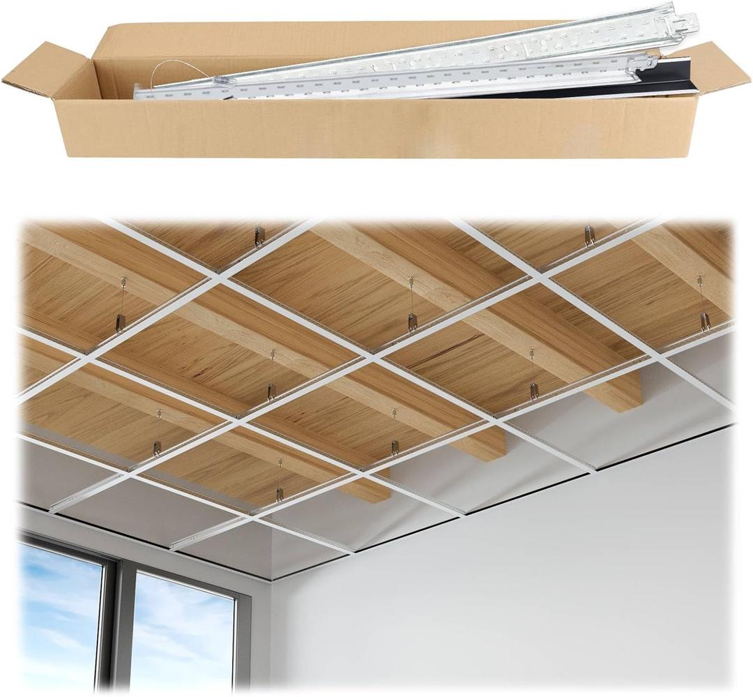 Muzata 64 Sq Ft Drop Ceiling Grid System White Complete Set Galvanized Steel Grid Kit Easy Installation for Basement Living Room Kitchen Bathroom Ceiling, TS04
