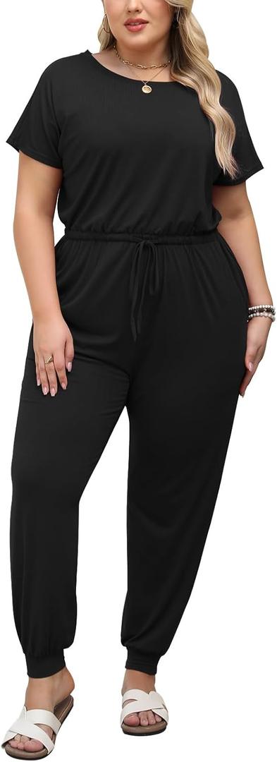 Nemidor Plus Size Casual Jumpsuits for Curvy Women Summer Short Sleeve Drawstring Waist Long Pant Romper with Pocket (20, Black)