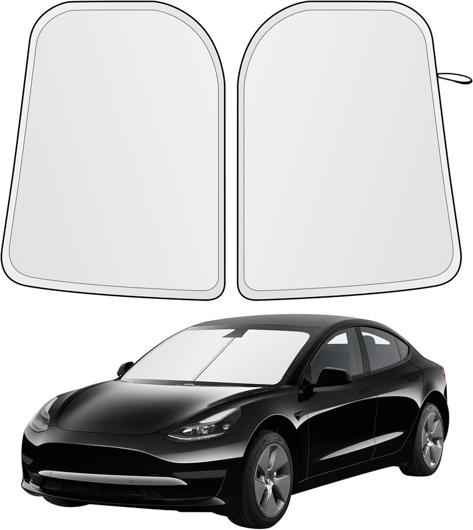 EcoNour Two-Piece Foldable Front Windshield Sun Shade for Tesla Model 3 & Y 20172026, 240T Reflective UV & Heat Protection, Storage Pouch Included, Custom Fit with Upgraded Design