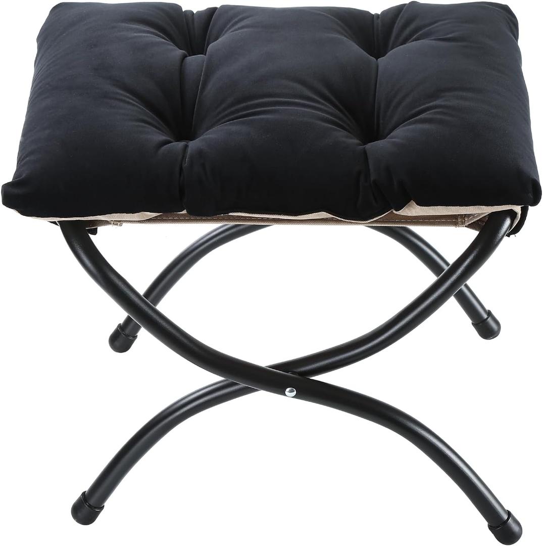 15" Foldable Foot Stool Ottoman with Metal Frame - Washable Black Upholstered Indoor/Outdoor Footrest for Living Room, Bedroom, Patio - Space-Saving Compact Design 15" Foldable Foot Stool Ottoman with Metal Frame - Washable Black Upholstered Indoor/Outdoor Footrest for Living Room, Bedroom, Patio - Space-Saving Compact Design
