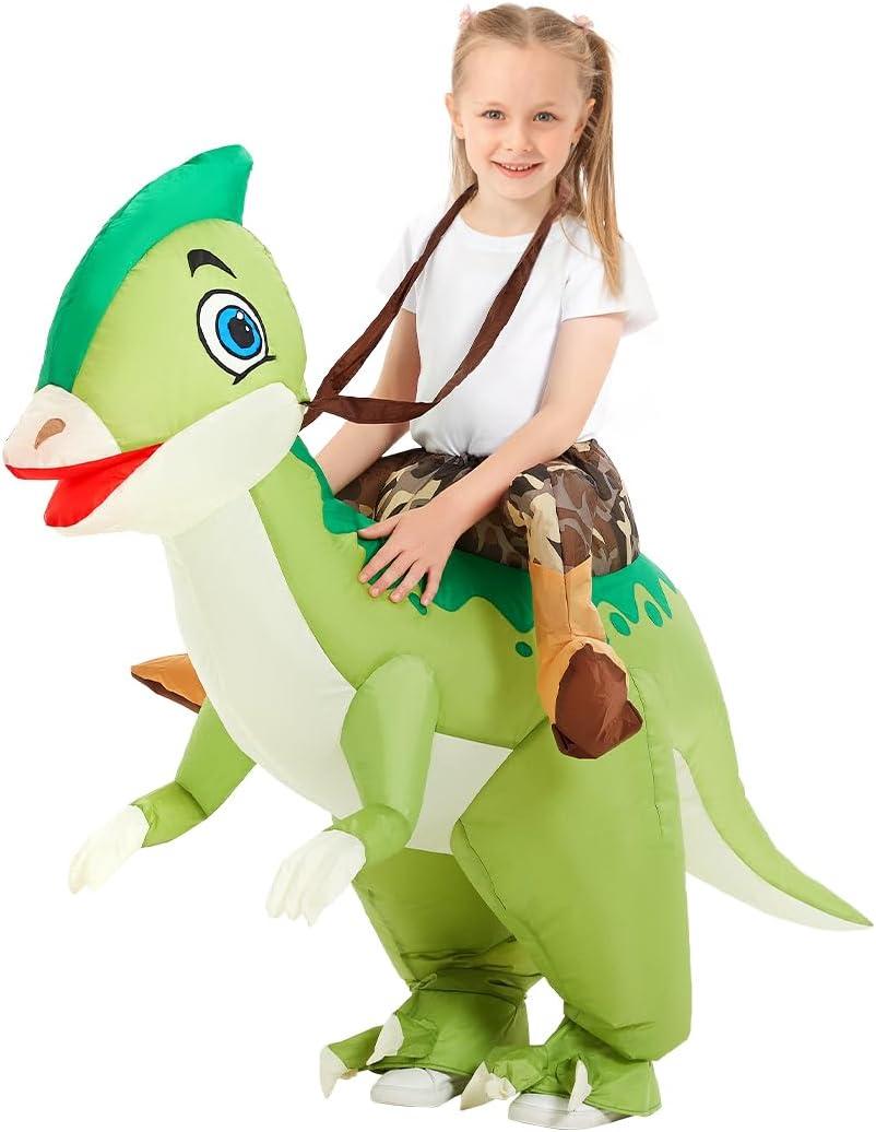 COMIN Inflatable Dinosaur Costume Kids, Ride on Parasaurolophus Blow Up Dino Costume Green Funny Fancy Dress for Halloween
