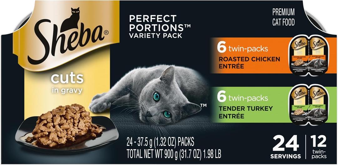 Sheba Perfect Portions Wet Cat Food Cuts in Gravy, Cat Food Wet Recipe, Roasted Chicken Entree and Turkey Entree, Variety Pack, Twin-Pack Trays (12 Count, 24 Servings) (EXP 02/01/28)