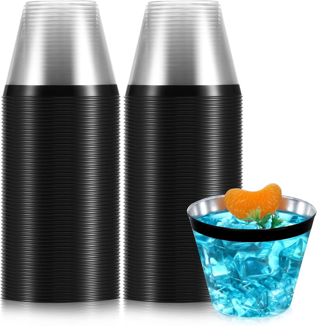 Norme 50 Pcs Plastic Cups 9 oz Rimmed Plastic Cups Heavy Duty Disposable Wine Glasses Drinking Tumblers for Wedding Graduation Holiday Birthday Christmas Valentine Easter Party(Black)
