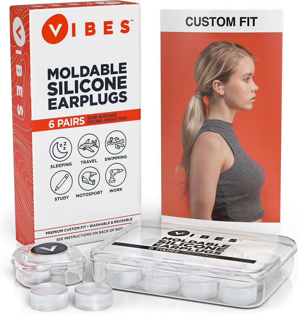 Silicone Ear Plugs - 6 Pairs Vibes Reusable Earplugs For Sleep, Custom Waterproof Moldable Gel, 32 dB Best Sound Blocking Earplug, Noise Reduction in Sleeping, Travel, Swimming, Studying, Construction