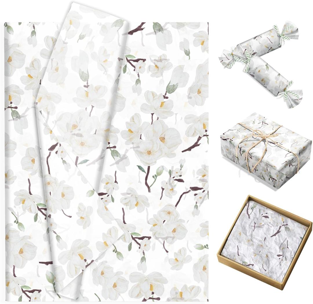 100 Sheets White Magnolia Pattern Tissue Paper, Florals Gift Wrap Decorative Paper DIY Arts Crafts for Wedding Birthday Theme Party Decorations Supplies, 13.8 x 19.7 inches