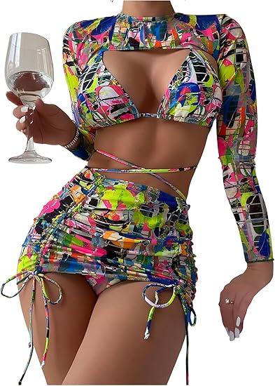 SOLY HUX Women's 4 Piece Swimsuits Print Halter Bikini Set Bathing Suits with Cover Up, Size S