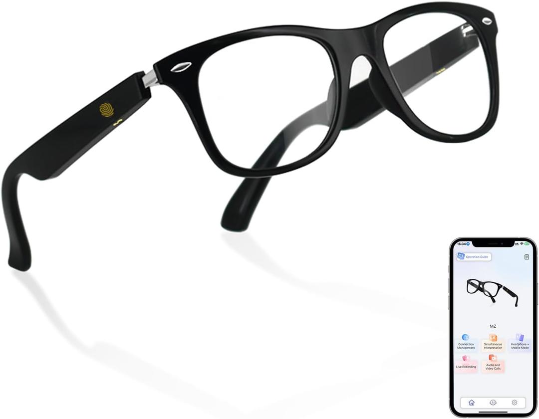 AI Translation Smart Glasses Powered by GPT, Support 160+ Languages, Simultaneous Interpretation via APP, Open-ear Audio Design, Blue Light Filtering Lens Bluetooth Eyewear for Working, Walking