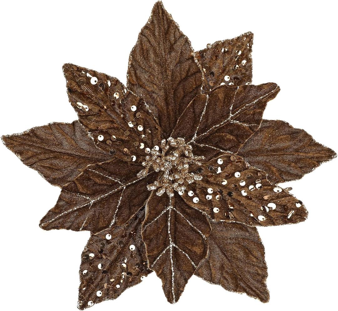6pcs Glitter Christmas Flowers 12 Inch Large Velvet Poinsettia Artificial Christmas Flowers Velvet Poinsettia Floral Picks Stems for Xmas Tree Decorations Wreaths Garland Wedding - Antique Copper