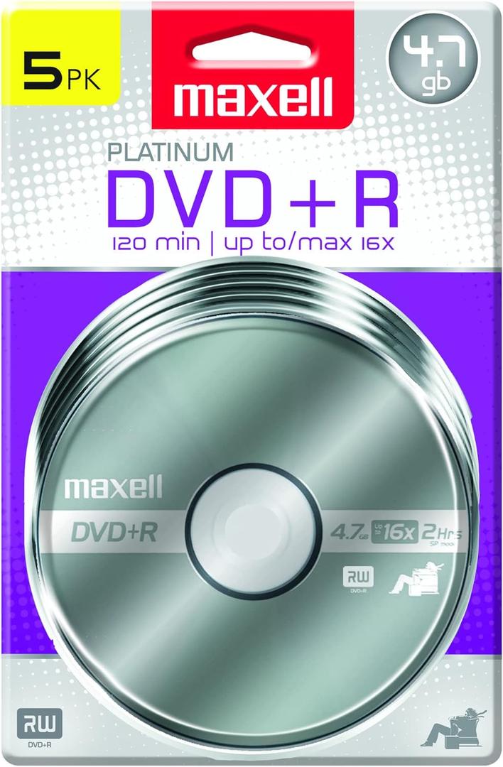 Maxell  639031, Platinum DVD+R - High Capacity Write-Once Discs for Videos & Digital Storage - 4.7GB Storage with 16X Write Speed Up To 120 Min, Exceptional Archival Life  Pack 5