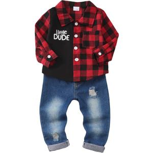 NZRVAWS Toddler Baby Boy Clothes Infant Plaid Pocket Shirt Denim Ripped Jean Pants Outfits Set 6-24 Months 2-5T (Red Block Plaid)