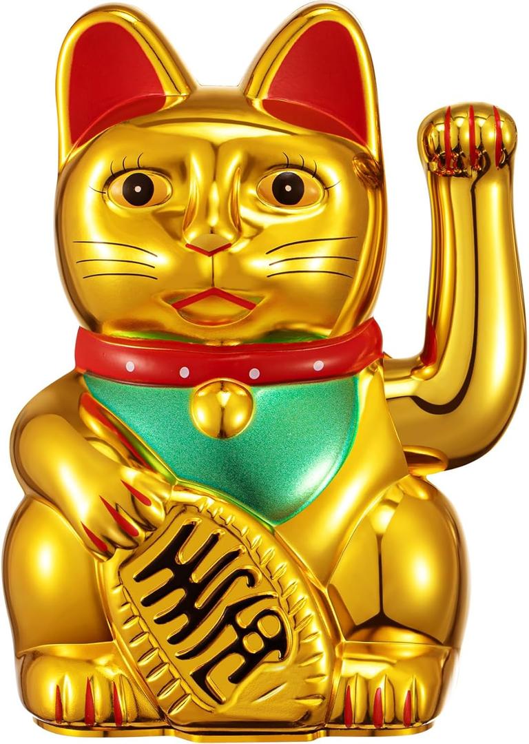 Chunful 6 Inch Lucky Cat Waving Arm Maneki Neko Lucky Beckoning Feng Shui Wealth Cat for Welcoming Fortune Wealth Prosperity Decoration, Battery Not Included(Gold Color)