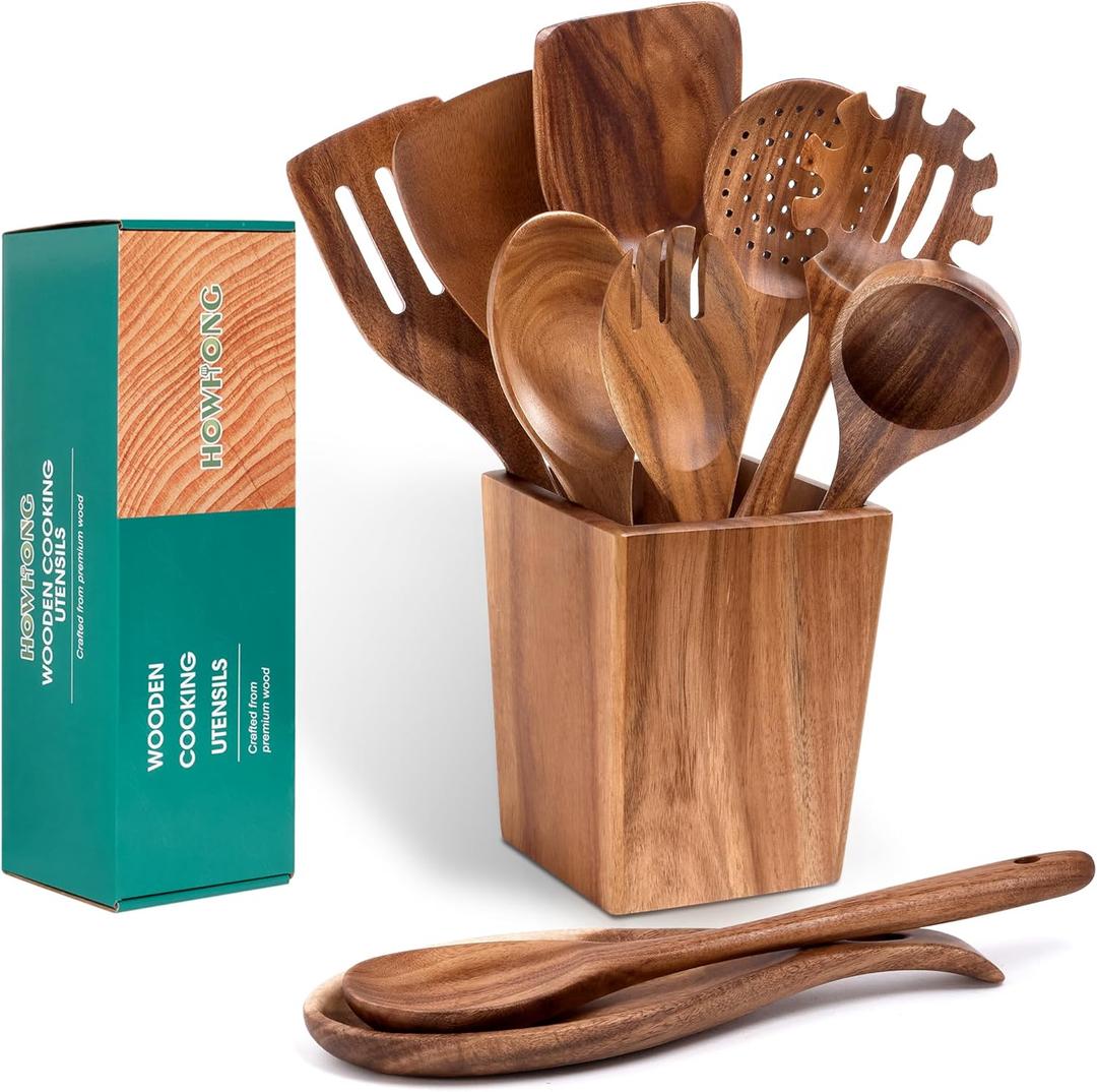 Wooden Spoons for Cooking, Acacia Wood Cooking Utensils Set  11 Piece Wooden Kitchen Tools with Holder, Spoon Rest, Nonstick Cookware Safe by HOWHONG