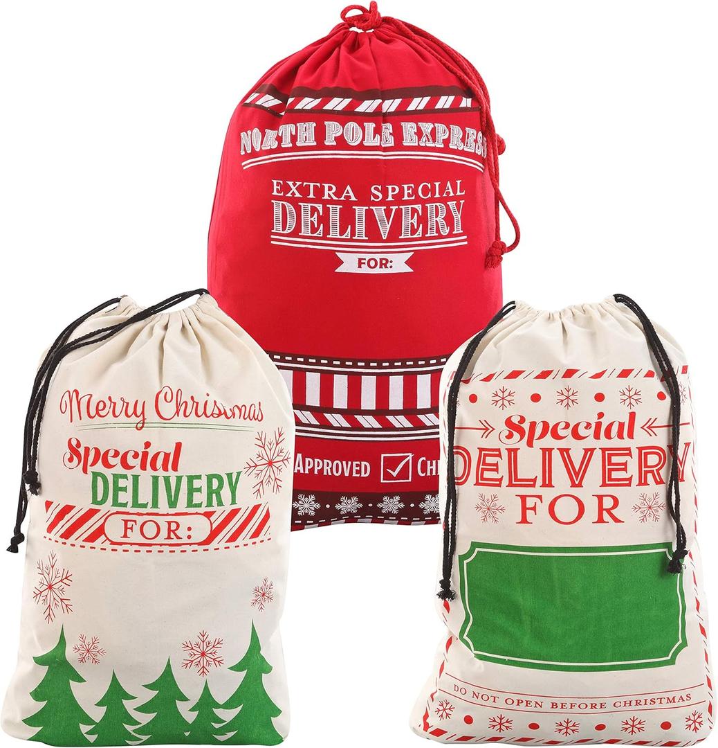 JOYIN 3 PCS Christmas Drawstring Santa Burlap Sack 26" x 19", Large Canvas Gift Bag Reusable Personalized Cloth Pouch for Xmas Presents Package, Party Supplies, Holiday Decoration