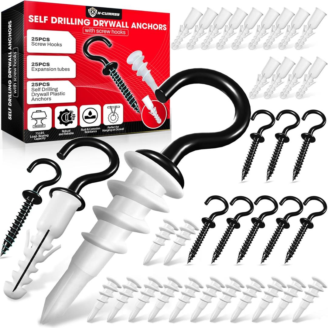 [Upgraded] 25 PCS Screw Hooks with Self-Drilling Drywall Anchors, Plastic Expansion Tubes Included, Heavy Duty Eye Hook, Screw in Hook for Hanging Plants, String Lights, Cup, Key