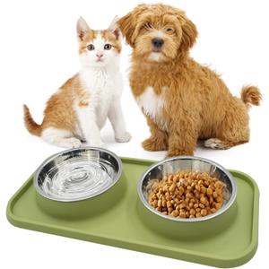 Double Dog Food Bowls Stainless Steel with No Spill Non Skid Silicone Mat Removable Dog Water and Food Bowls Set Durable Feeding for Small Dogs Puppy Cat Kitten(Green)