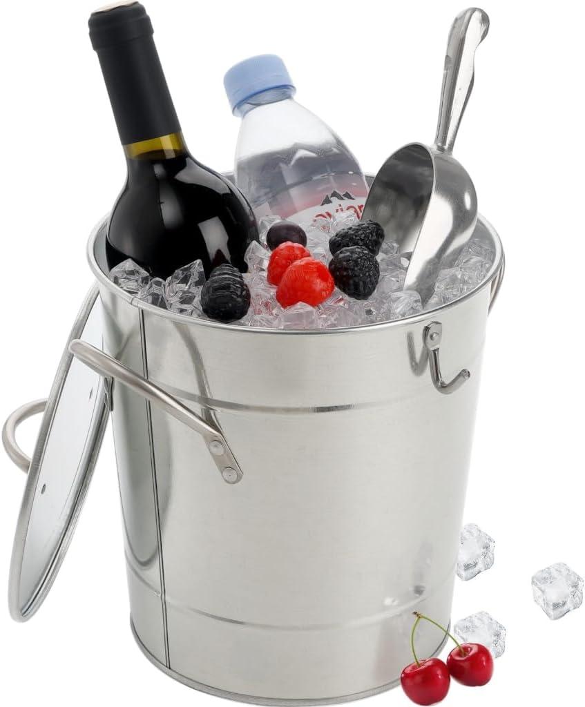 YOUEON 4 Liter Ice Bucket with Scoop and Lid, Double Walled Insulated Ice Bucket for Parties, Cocktail Bar, Wine Chiller, Beverage Tub with Carry Handles, Indoor & Outdoor Use, Silver