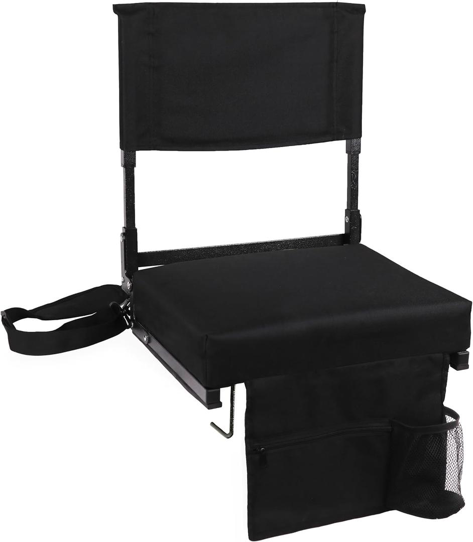 Stadium Seat with Back Support Bleacher Chair with Back and Cushion High Back Includes Shoulder Strap and Cup Holder (Black)