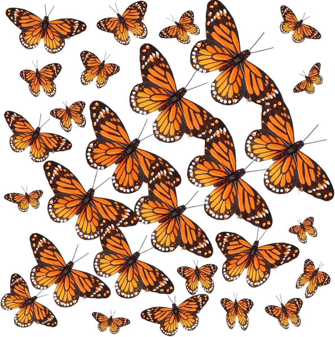 Ysleen 120 Pcs 3D Feather Monarch Butterfly Decor 4 Size Butterfly Wall Decorations Fake Artificial Stickers for Craft Home Wall Wedding Party Supplies (Orange)