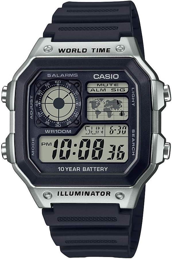 Casio AE1200WH Series | Mens Digital Watch | 100M WR | Multi Alarms | 100 SEC Stopwatch | Countdown Timer | World Map for World Time | LED Light | LC Analog Display | 10 Year Battery (Black)