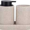 Beige Bathroom Accessories Set, 3 Pcs Resin Bathroom Accessories Complete Set, Sandstone Look Soap Dispenser with Large Pump, Toothbrush Cup, Soap Dish for Modern Home Decor and Kitchen