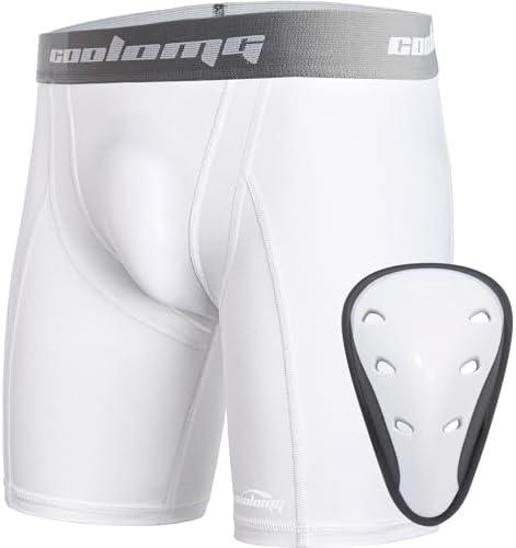 COOLOMG Youth Boys Compression Shorts with Protective Cup Athletic Sports Underwear for Baseball Football Lacrosse Hockey, L
