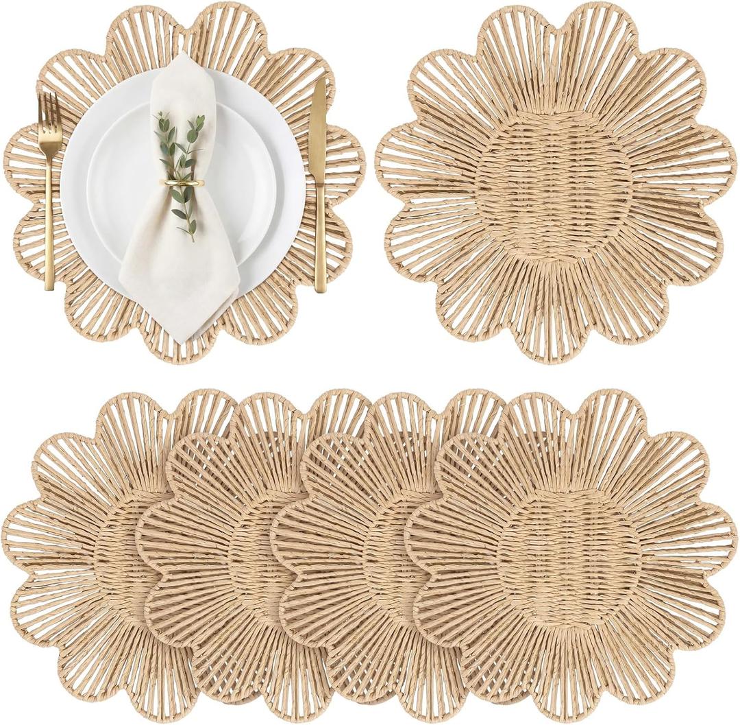 4 Pcs 12.6 Inch Paper Rope Round Woven Flower Placemats, Natural Hand Woven Boho Farmhouse Rattan Table Mats, Wicker Braided Placemats, for Dining Table Decor, Wedding Party, Home & Kitchen