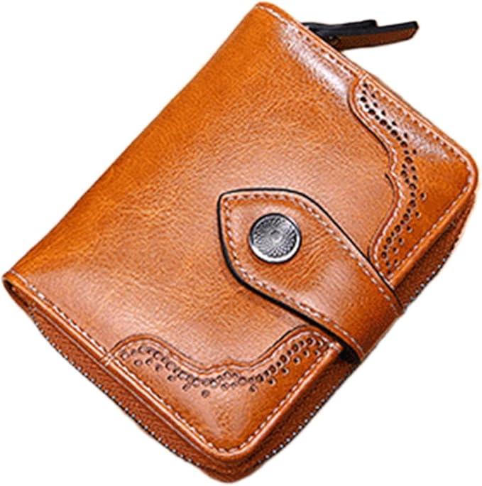 BILIKEYU Fashion Retro Oil Waxed Leather Faux Leather Ladies Short Wallet Zipper Purse Wallet Purse Easy Wallets For Women Black (Brown, One Size)
