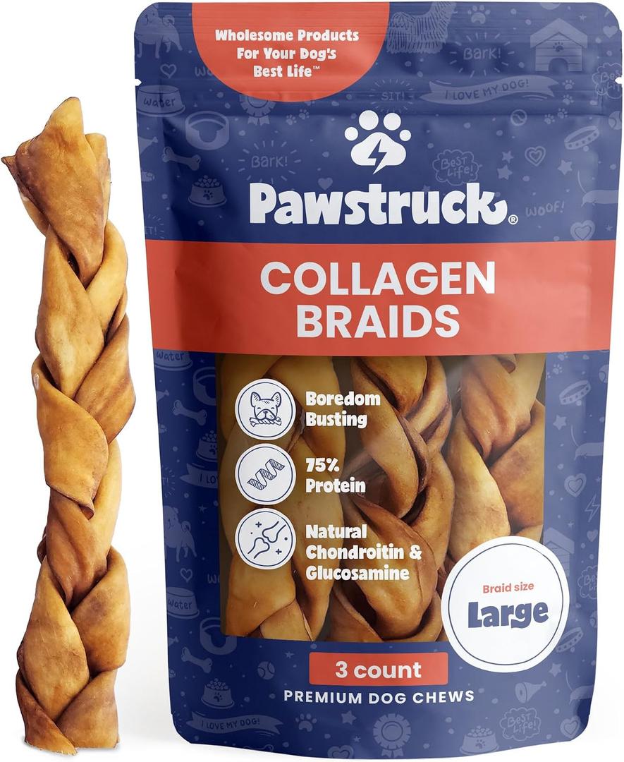 Pawstruck Natural Large 10-13 Beef Collagen Braids for Dogs Long-Lasting Rawhide & Bully Stick Alternative, with Chondroitin & Glucosamine 3 Pack (EXP 05/21/29)