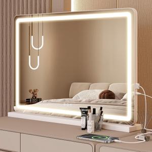 Sweetcrispy 23"x32" LED Vanity Mirror with Lights, Dimmable 3 Color Modes Makeup Mirror with Memory Function, USB Charging, Aluminum Frame, Lighted Mirror for Desk, Bedroom, Living Room