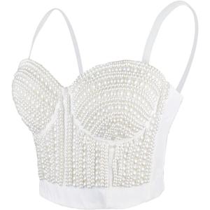 ELLACCI Woment's Pearls Beaded Bustier Crop Top Club Party Sexy Corset Top Bra White (Large)