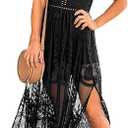 LRISES Womens V Neck Floral Embroidered Lace Wedding Maxi Dress Boho Short Sleeve Slit Bridesmaid Evening Party Dresses L, Black