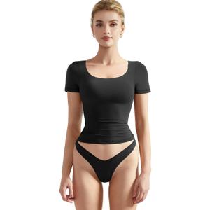 SUUKSESS Women Double Lined Fitted Basic Tee Scoop Neck Short Sleeve Y2K Crop Top (Size X-Small, Jet Black)