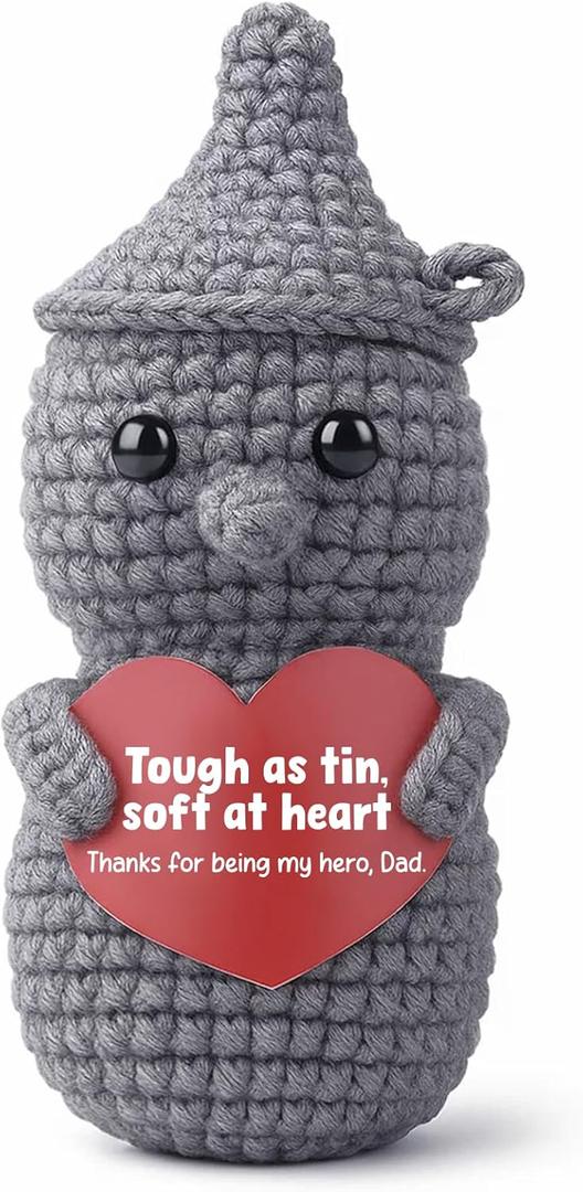 Sentimental Gift for Dad from Daughter or Son, Crochet Tin Man Plush with Tough as tin, Soft at Heart Card - Handmade Keepsake for Father's Day, Birthday, Christmas - My Hero Amigurumi Toy