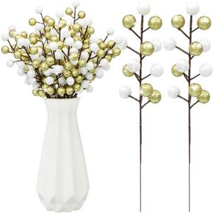 24 Pcs Christmas Glitter Berries Stems, 8.8" H Artificial Christmas Picks for Xmas Tree Ornaments, Holiday Wreath DIY Crafts, Xmas and Home Decor (Gold, White)