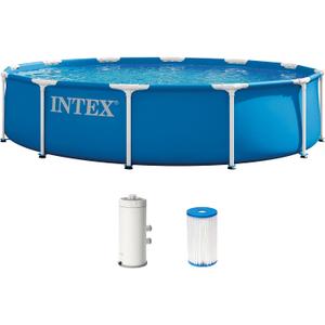INTEX Metal Frame 12 ft x 30 in Above Ground Pool Set, Round Swimming Pool with Steel Frame, 530 GPH Cartridge Filter Pump, and Type A Filter Cartridge