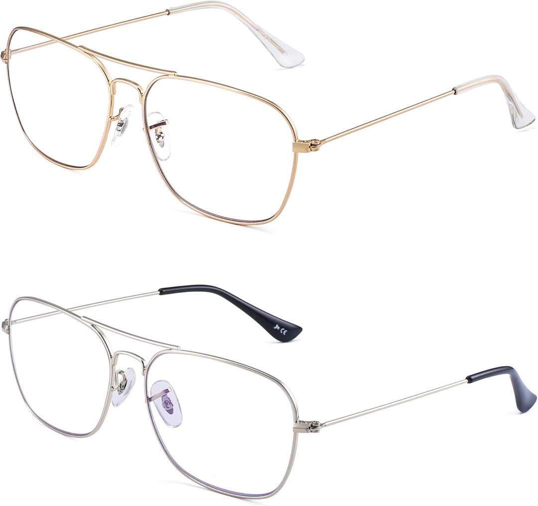 JM Pack of 2 Aviator Reading Glasses Women Metal Frame Blue Light Blocking Computer Readers (Gold & Silver)