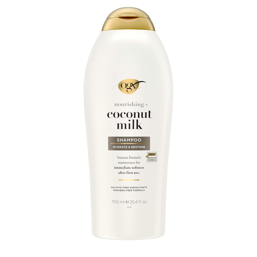 OGX Nourishing + Coconut Milk Shampoo, Hydrating & Restoring Shampoo Moisturizes for Soft Hair After the First Use, Paraben-Free, Sulfate-Free Surfactants, 25.4 fl. oz (25.4 Fl Oz (Pack of 1))
