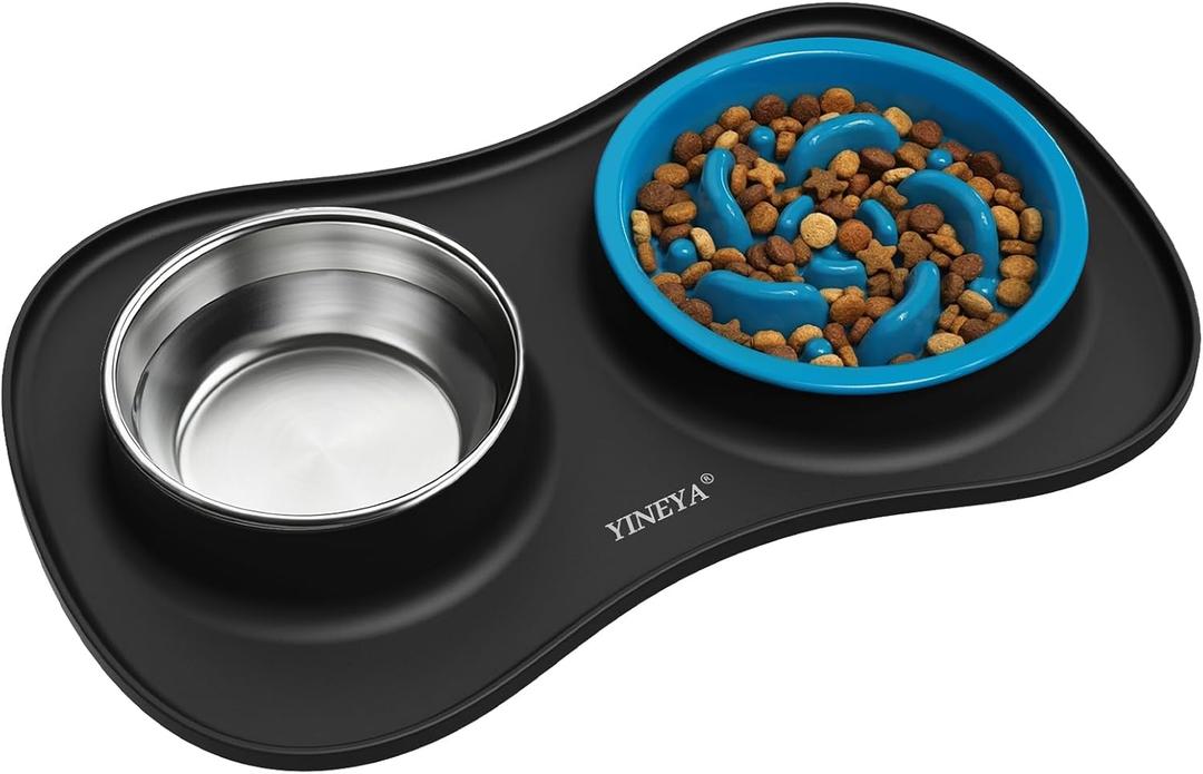 Dog Bowls Set 3 in 1, Anti Gulp Dog Bowl, Cat Bowls, Includes a Foldable Dog Bowl Mat, Suitable for Dry and Wet Food and for All Dog / Cat Breeds